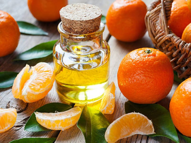 Bottle of essential citrus oil and ripe tangerines with leaves on old wooden kitchen table.